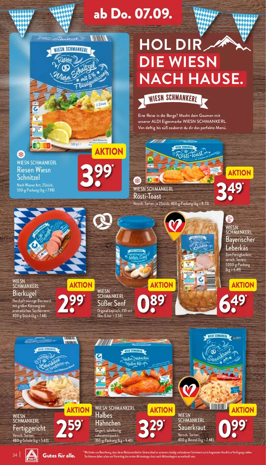 Aktueller Prospekt Aldi Nord - Von Montag - von 04.09 bis 09.09.2023 - strona 24 - produkty: aldi, auer, beutel, bier, eis, fertiggericht, gin, Kraut, Kugel, leberkäs, mac, reis, Sauerkraut, Schal, Schale, schnitzel, senf, Ti, tisch, toast, wiener, wurst, ZTE