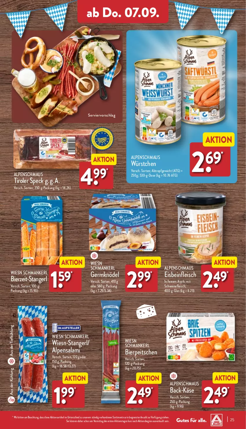 Aktueller Prospekt Aldi Nord - Von Montag - von 04.09 bis 09.09.2023 - strona 25 - produkty: aus der tiefkühlung, bier, eis, elle, fleisch, Germ, gin, Käse, Knödel, Maus, salami, schwein, schweine, schweinefleisch, Speck, teller, Ti, wein, weine, würstchen, ZTE