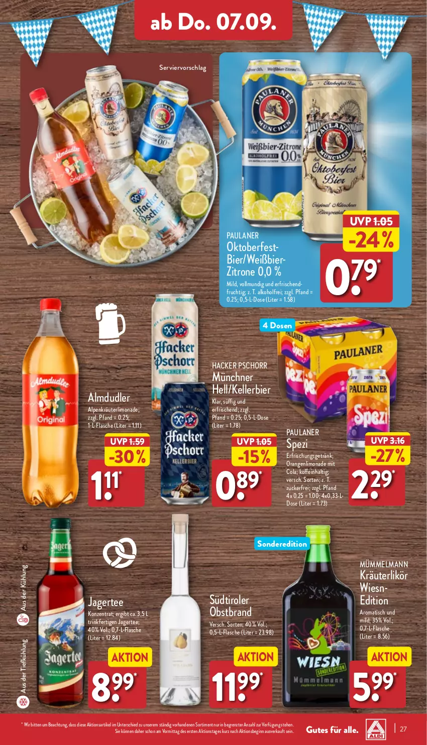 Aktueller Prospekt Aldi Nord - Von Montag - von 04.09 bis 09.09.2023 - strona 27 - produkty: alkohol, almdudler, aus der tiefkühlung, bier, cola, elle, erfrischungsgetränk, flasche, frucht, getränk, gin, hacker pschorr, Jagertee, kellerbier, kräuter, kräuterlikör, likör, limo, limonade, obst, Obstbrand, orange, orangen, Paula, paulaner, Spezi, südtiroler, tee, Ti, tisch, zitrone, ZTE, zucker