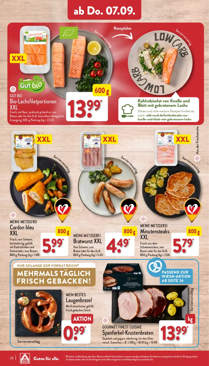 Aktueller Prospekt Aldi Nord - Von Montag - von 04.09 bis 09.09.2023 - strona 28 - produkty: abis, aldi, bio, braten, bratwurst, brezel, butter, cordon bleu, emmentaler, filet, geback, gin, grill, kochschinken, kohlrabi, kräuter, kräuterbutter, krustenbraten, küche, Küchen, lachs, lachsfilet, Laugenbrezel, minutensteaks, Ofen, rezept, rezepte, salat, schinken, schwein, schweine, schweinerücken, steak, steaks, Ti, tisch, trolli, wein, weine, wurst, ZTE