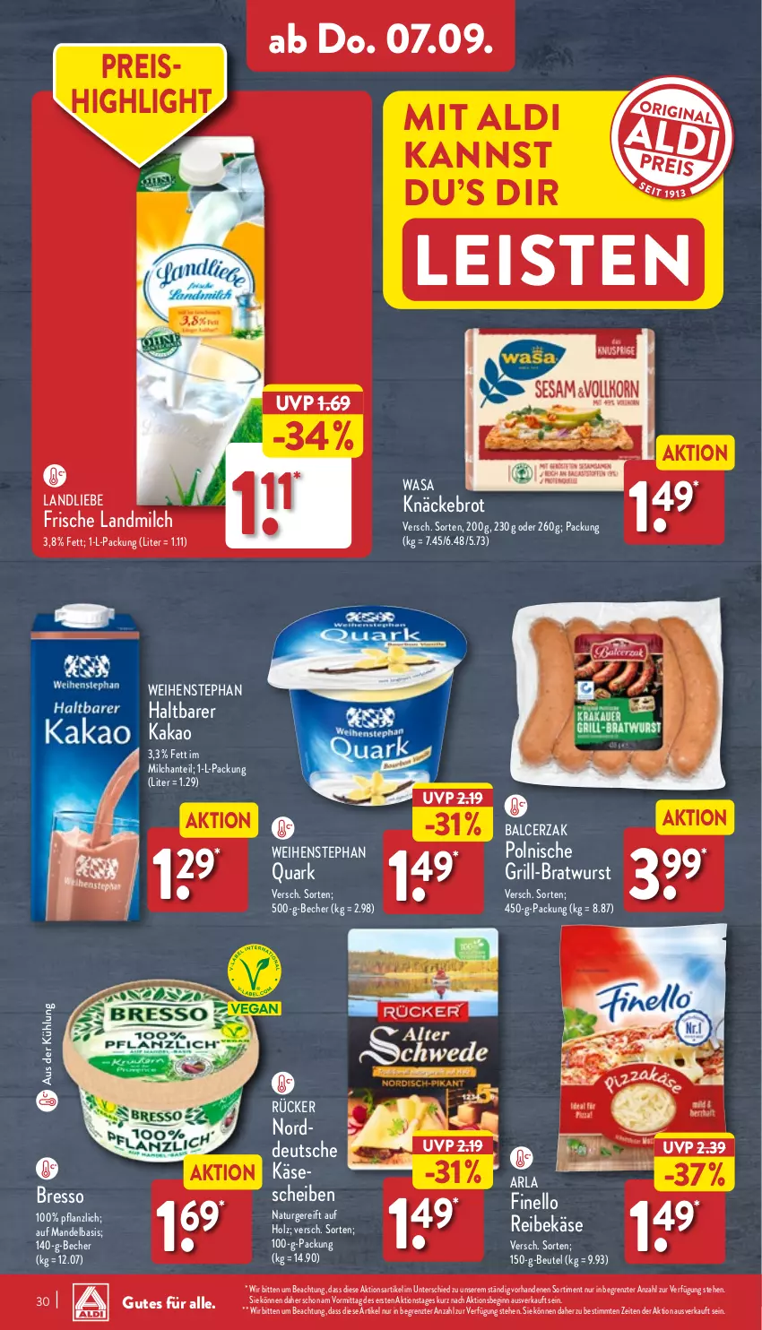 Aktueller Prospekt Aldi Nord - Von Montag - von 04.09 bis 09.09.2023 - strona 30 - produkty: aldi, arla, Becher, beutel, bratwurst, bresso, brot, eis, finello, gin, grill, Holz, kakao, Käse, knäckebrot, landliebe, landmilch, mandel, milch, natur, quark, Reibekäse, reis, Ti, wasa, weihenstephan, wurst, ZTE