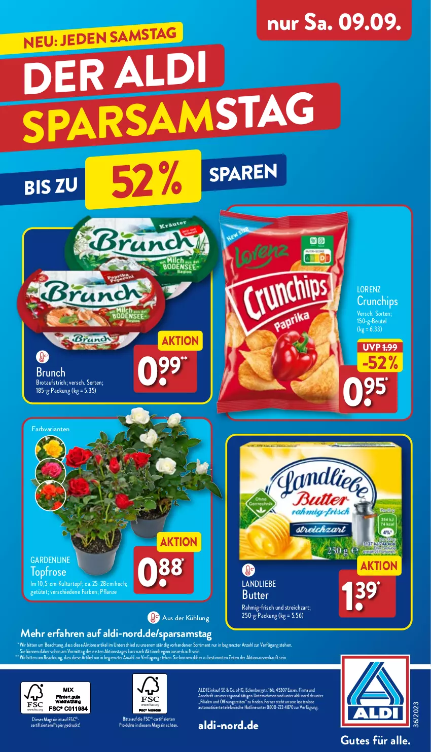 Aktueller Prospekt Aldi Nord - Von Montag - von 04.09 bis 09.09.2023 - strona 38 - produkty: aldi, aufstrich, auto, beutel, brot, brotaufstrich, butter, chips, crunchips, gin, kulturtopf, landliebe, lorenz, lorenz crunchips, magazin, papier, pflanze, Ria, Streichzart, telefon, Ti, topf, Tüte, ZTE