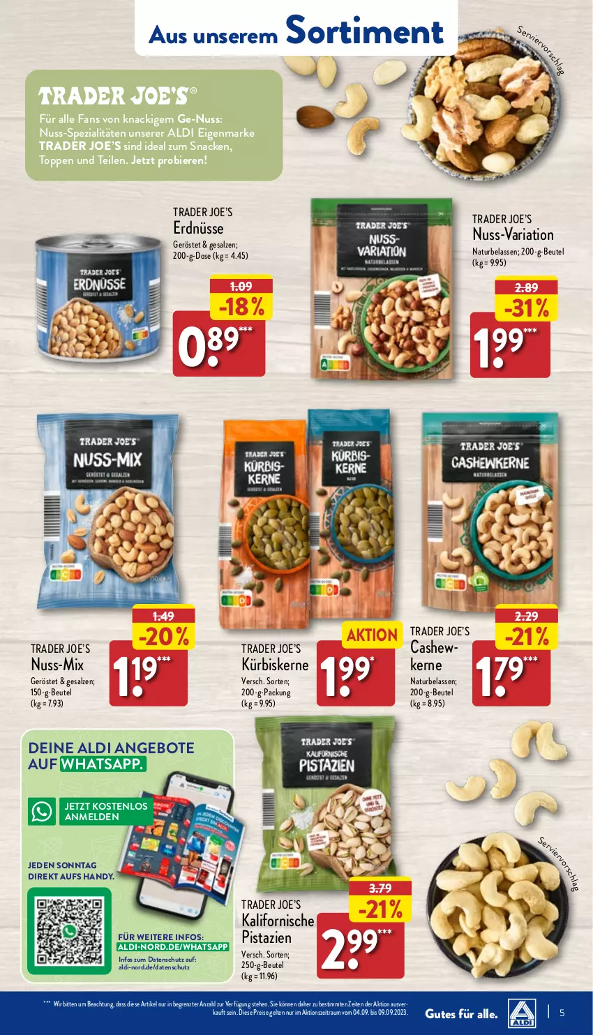 Aktueller Prospekt Aldi Nord - Von Montag - von 04.09 bis 09.09.2023 - strona 5 - produkty: aldi, angebot, angebote, beutel, bier, Biere, Cashew, eis, erdnüsse, Handy, Kürbis, kürbiskerne, natur, nuss, pistazien, reis, Ria, salz, snack, Spezi, Ti, ZTE