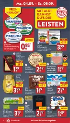 Gazetka promocyjna Aldi Nord - Von Montag - Gazetka - ważna od 09.09 do 09.09.2023 - strona 6 - produkty: actimel, aldi, angebot, angebote, aqua, Becher, bio, camembert, cheddar, corny, danone, dessert, eier, eis, elle, frischkäse, frischkäsezubereitung, gin, hafer, haselnuss, hinterschinken, honig, kaffee, kaffeekapseln, Käse, kraft, lachs, langnese, milch, Milchdessert, monte, nuss, philadelphia, Räucherlachs, reis, rwe, schinken, schoko, sim, tassimo, teller, Ti, tisch, trolli, zott, Zott Monte