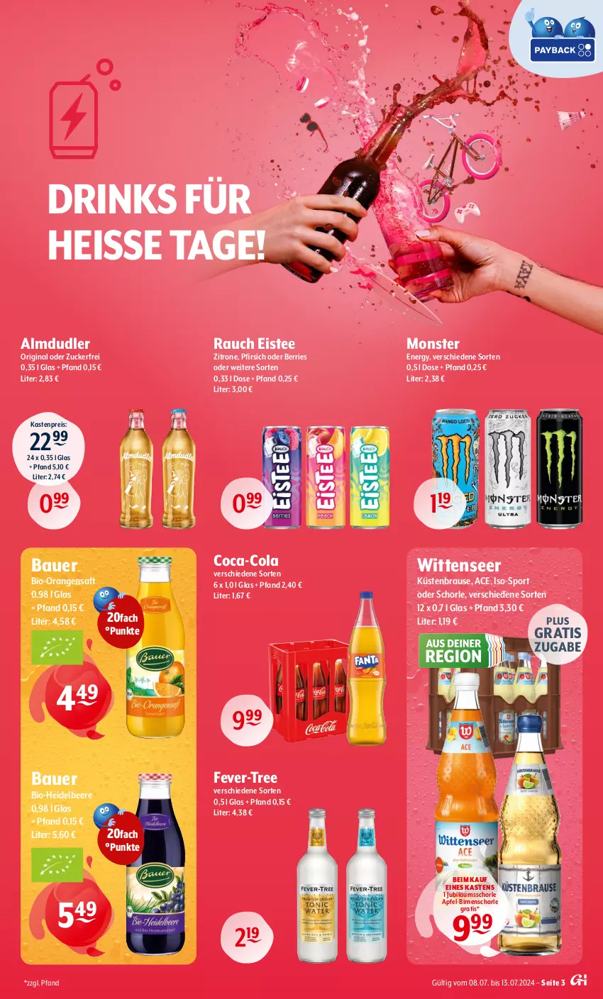 Aktueller Prospekt Getraenke Hoffmann - Prospekte - von 08.07 bis 13.07.2024 - strona 3 - produkty: almdudler, apfel, auer, Bau, Bauer, beere, bio, Birnen, brause, coca-cola, cola, drink, drinks, eis, eistee, fever-tree, gin, heidelbeere, Jubiläums, monster, Monster Energy, orange, orangen, orangensaft, pfirsich, Rauch, reis, saft, schorle, Sport, tee, Ti, zitrone, zucker