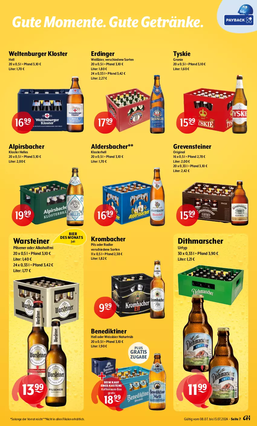 Aktueller Prospekt Getraenke Hoffmann - Prospekte - von 08.07 bis 13.07.2024 - strona 7 - produkty: Aldersbacher, alkohol, Alpirsbacher, Benediktiner, bier, burger, eis, elle, ente, erdinger, getränk, getränke, gin, grevensteiner, koffer, krombache, krombacher, mars, natur, oder radler, pils, pilsener, radler, steiner, Ti, tyskie, urtyp, warsteiner, weissbier