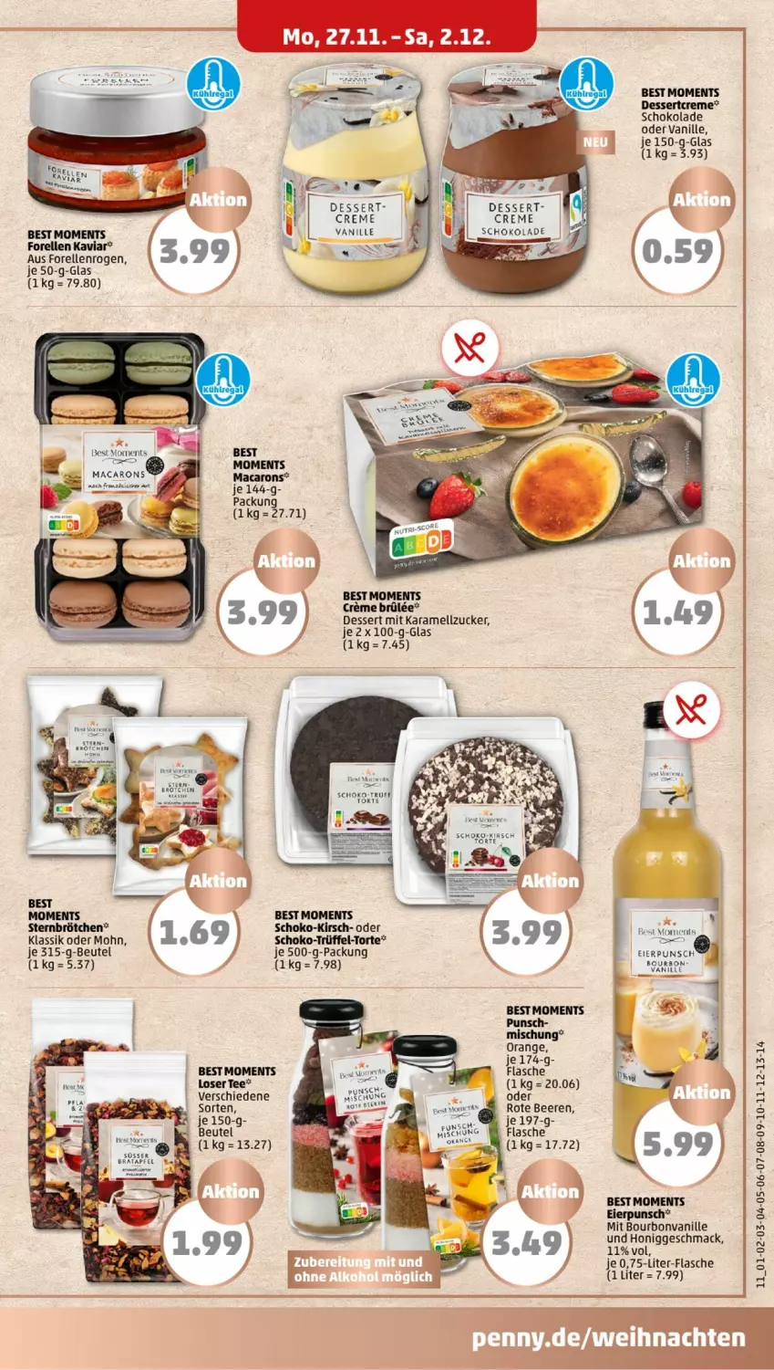 Aktueller Prospekt Penny - Prospekte - von 27.11 bis 02.12.2023 - strona 11 - produkty: beere, beeren, beutel, bourbon, bourbonvanille, brötchen, creme, dessert, eier, elle, flasche, forelle, honig, karamell, kirsch, mac, Macarons, orange, rel, schoko, schokolade, tee, torte, Trüffel, vanille, zucker