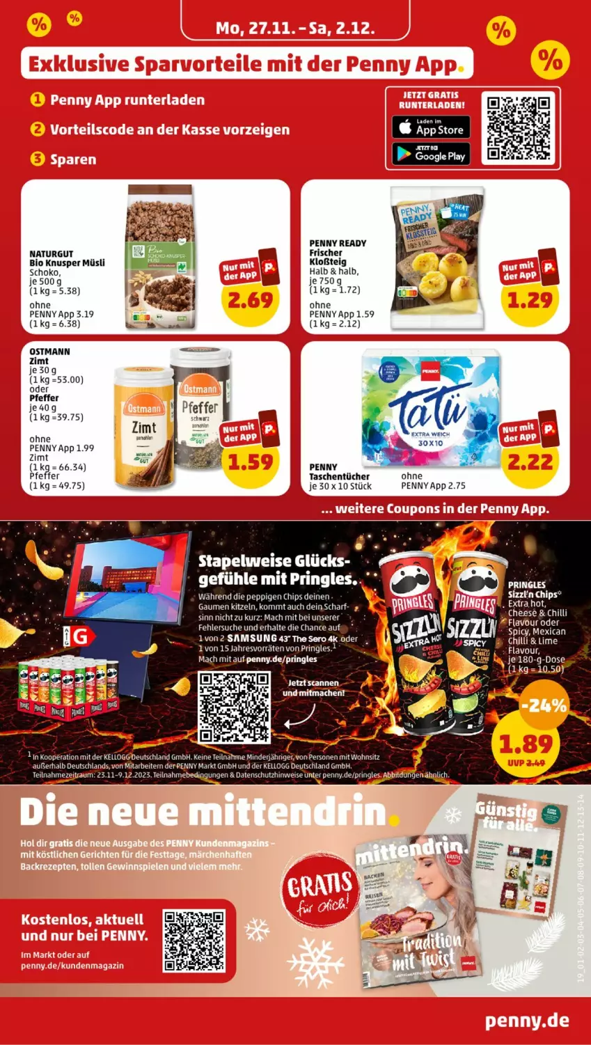 Aktueller Prospekt Penny - Prospekte - von 27.11 bis 02.12.2023 - strona 19 - produkty: bio, chips, eis, mac, müsli, natur, pfeffer, pringles, ring, Samsung, schoko, Tasche, taschen, taschentücher, tee, Ti, tücher