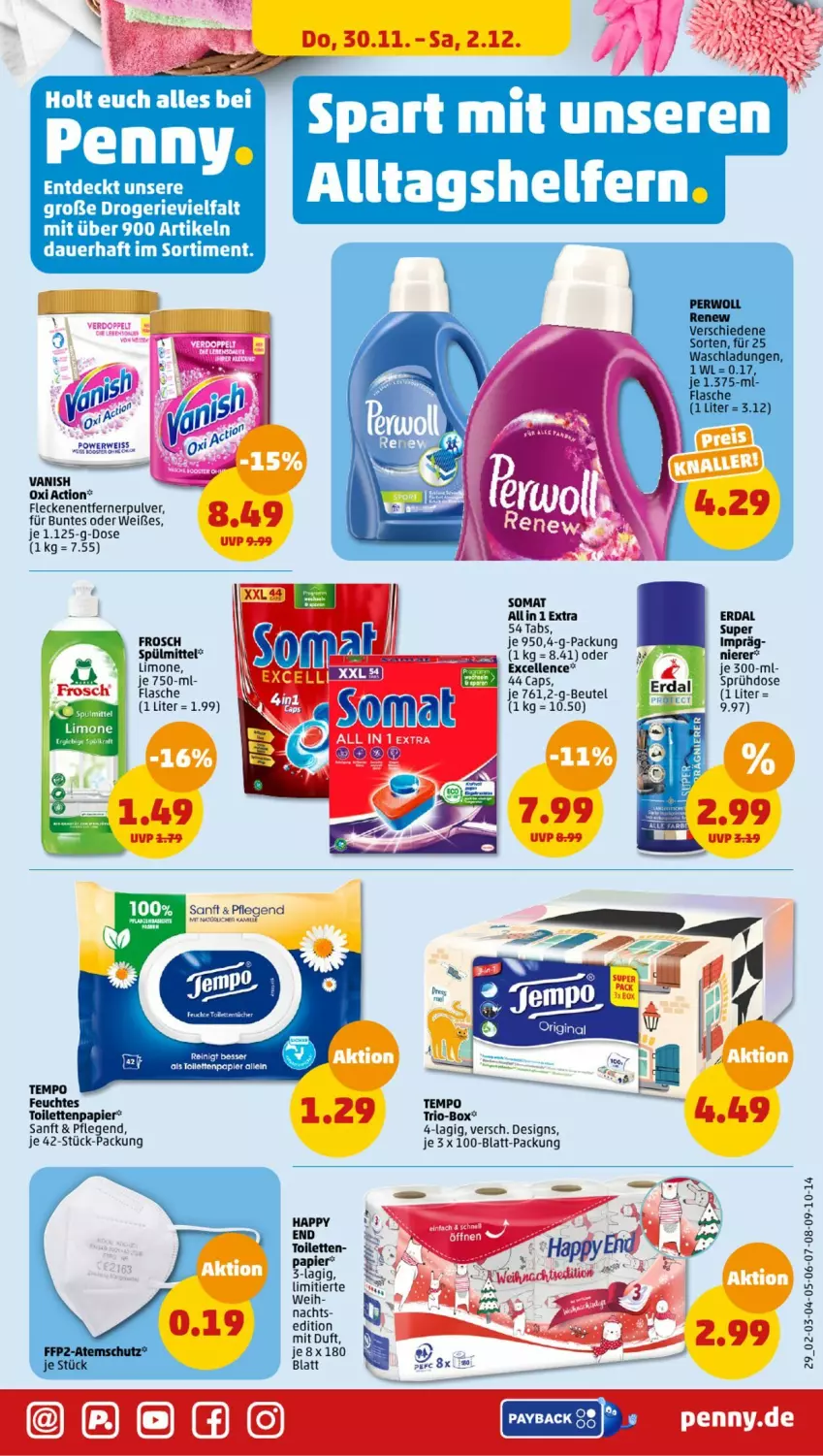 Aktueller Prospekt Penny - Prospekte - von 27.11 bis 02.12.2023 - strona 31 - produkty: auer, beutel, Cap, elle, flasche, Fleckenentferner, Frosch, limo, oxi action, papier, spülmittel, Tempo, Ti, toilettenpapier, vanish, Yo