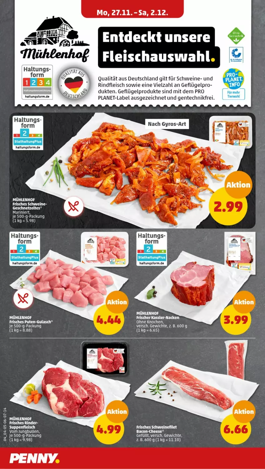 Aktueller Prospekt Penny - Prospekte - von 27.11 bis 02.12.2023 - strona 4 - produkty: bacon, eis, ente, filet, fleisch, Geflügel, geflügelprodukte sind mit dem, geschnetzeltes, gulasch, gyros, jungbullen, pute, rind, rinder, rindfleisch, schwein, schweine, schweinefilet, wein, weine, Zelt