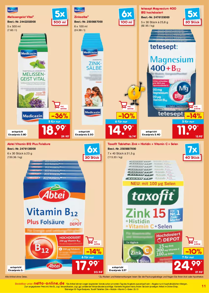 Aktueller Prospekt Netto Marken-Discount - Online-Angebote September - von 01.09 bis 30.09.2023 - strona 11 - produkty: Abtei, angebot, Apotheke, bestpreis, eis, ilag, magnesium, magnesium 400, ndk, reis, tablet, tablett, Tablette, Taxofit, Ti, vita, Vitamin B, Vitamin C, ZTE