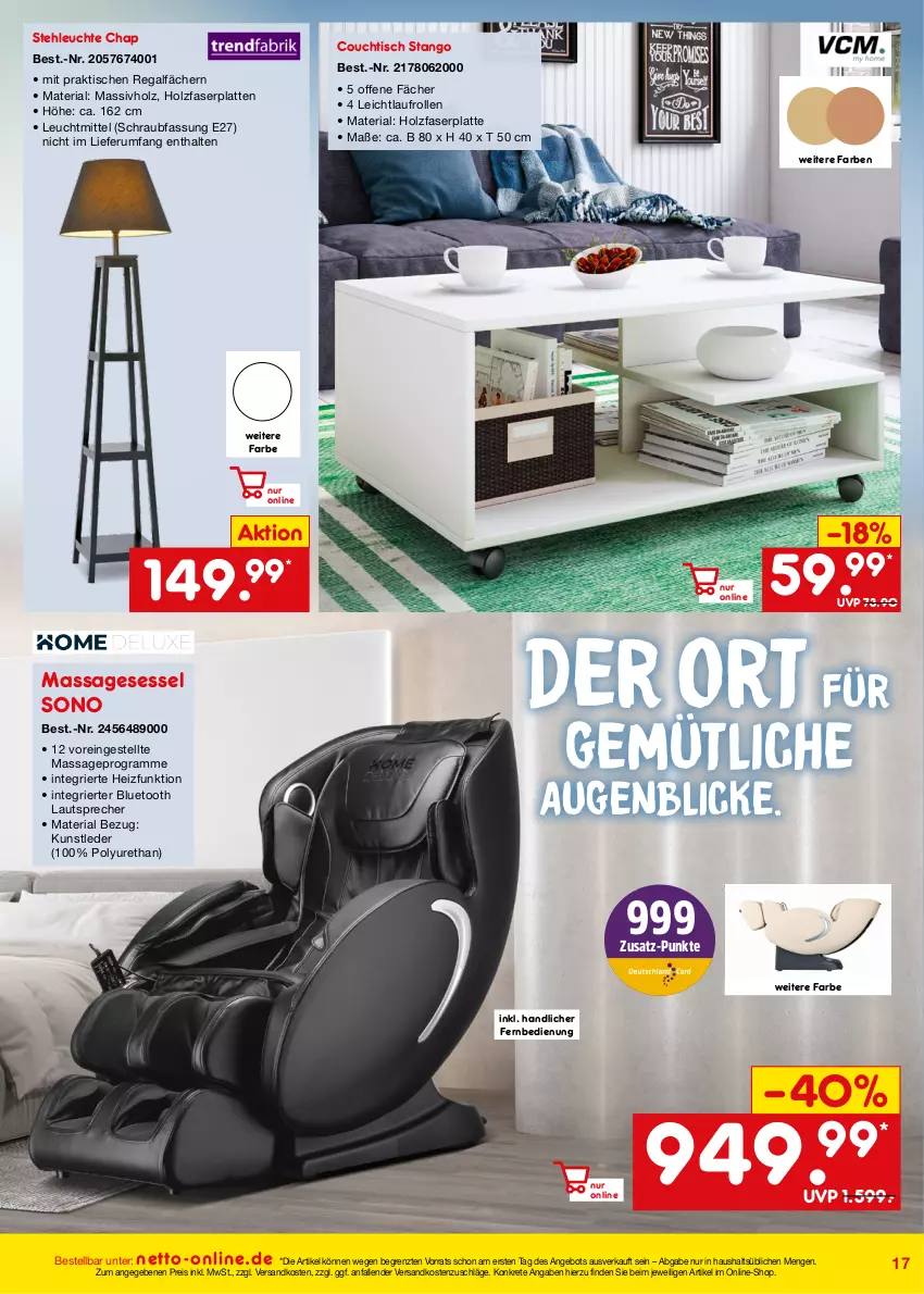 Aktueller Prospekt Netto Marken-Discount - Online-Angebote September - von 01.09 bis 30.09.2023 - strona 17 - produkty: angebot, Couch, couchtisch, eis, fernbedienung, Holz, latte, lautsprecher, Leuchte, leuchtmittel, massivholz, ndk, regal, reis, Ria, rum, sessel, stehleuchte, Ti, tisch, ZTE