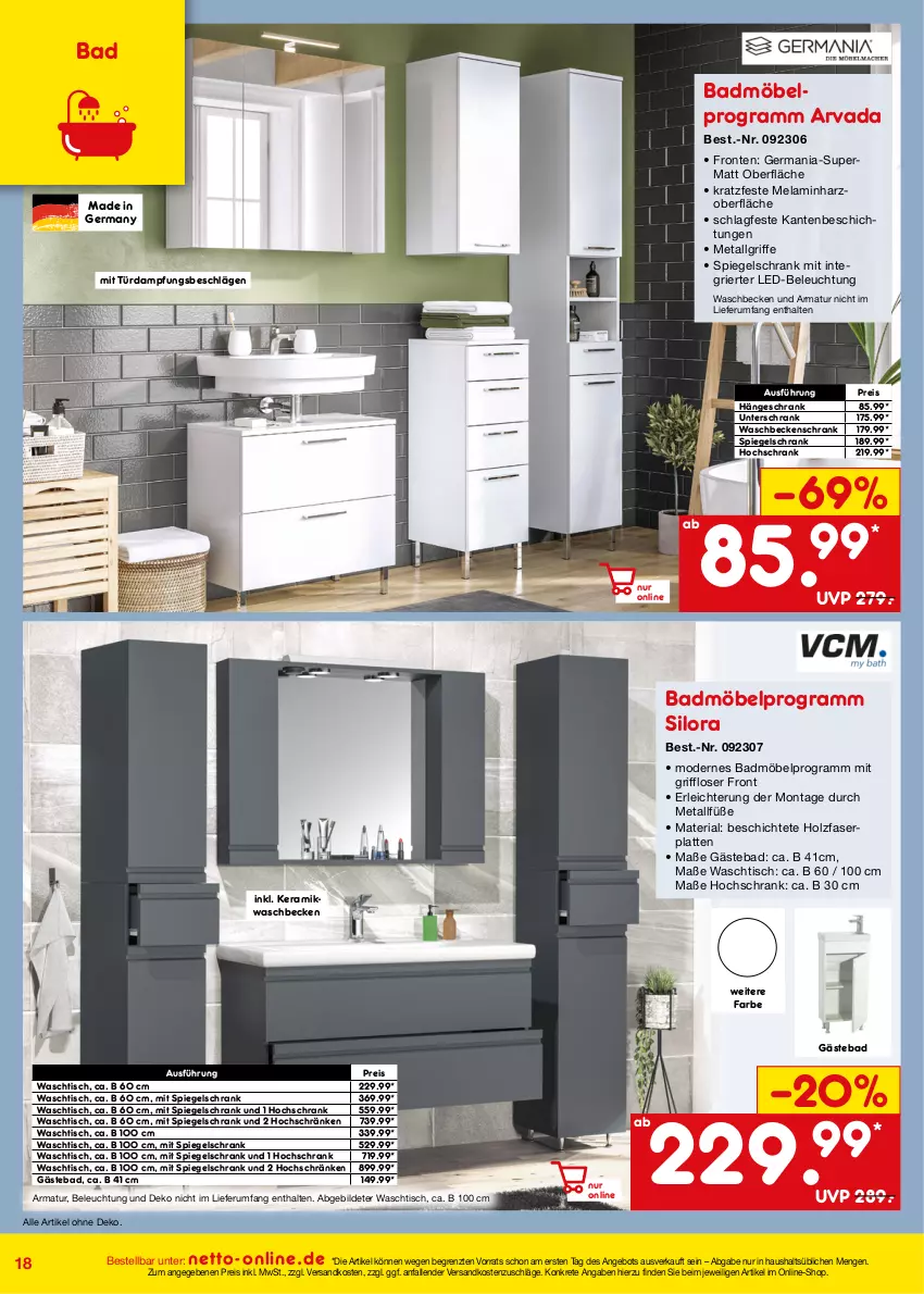 Aktueller Prospekt Netto Marken-Discount - Online-Angebote September - von 01.09 bis 30.09.2023 - strona 18 - produkty: angebot, armatur, Bad, Badmöbel, beleuchtung, eis, Germ, hängeschrank, hochschrank, Holz, latte, led-beleuchtung, LG, möbel, ndk, reis, Ria, rum, Schrank, spiegel, spiegelschrank, Ti, tisch, und armatur, unterschrank, waschbecken, waschtisch, ZTE