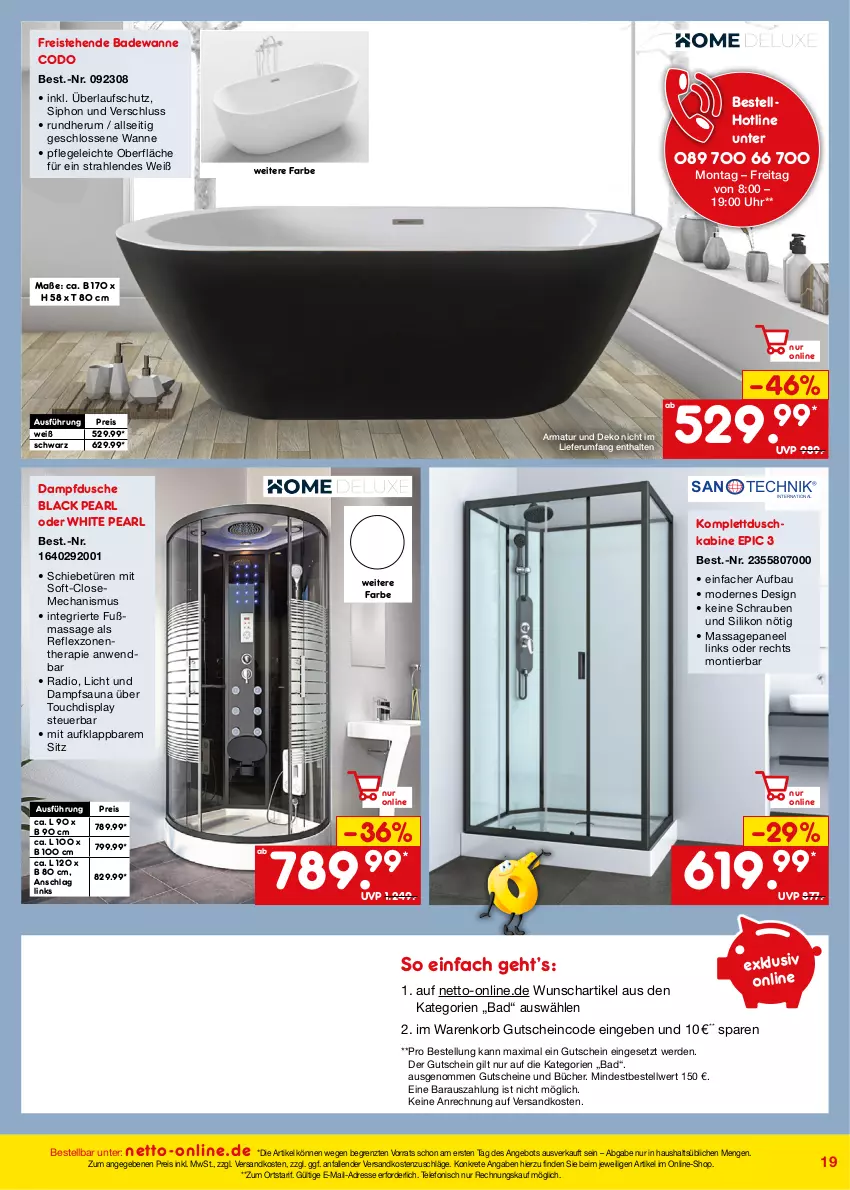 Aktueller Prospekt Netto Marken-Discount - Online-Angebote September - von 01.09 bis 30.09.2023 - strona 19 - produkty: angebot, armatur, Bad, Badewanne, Bau, dusche, eis, erde, gutschein, gutscheine, korb, lack, Mode, ndk, paneel, reis, rum, schrauben, telefon, Ti, uhr, Wanne, ZTE