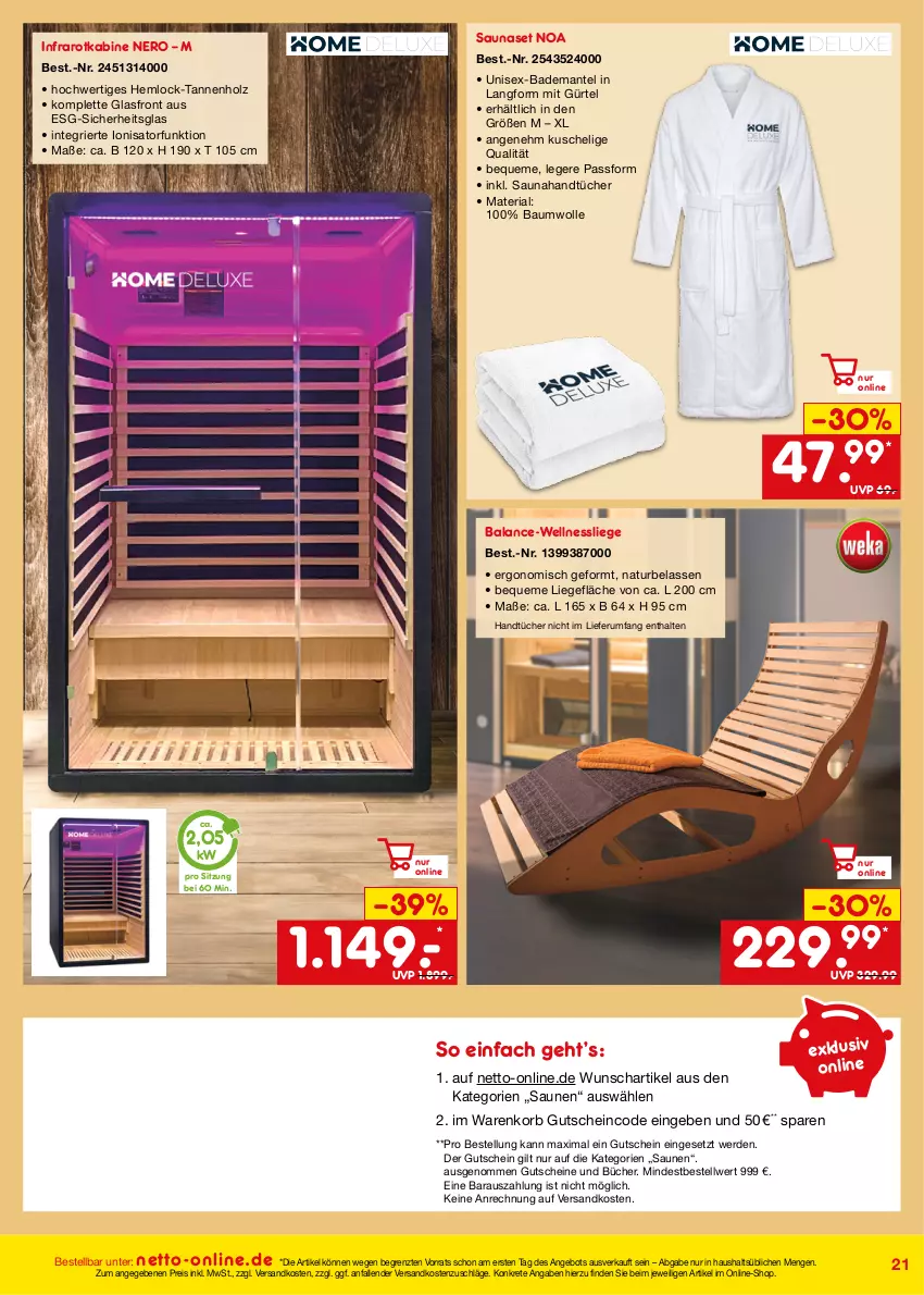 Aktueller Prospekt Netto Marken-Discount - Online-Angebote September - von 01.09 bis 30.09.2023 - strona 21 - produkty: angebot, Bad, Bademantel, Bau, baumwolle, eis, erde, gutschein, gutscheine, handtücher, Holz, korb, Liege, Mantel, natur, ndk, nero, reis, Ria, rum, Ti, tücher, wolle, ZTE