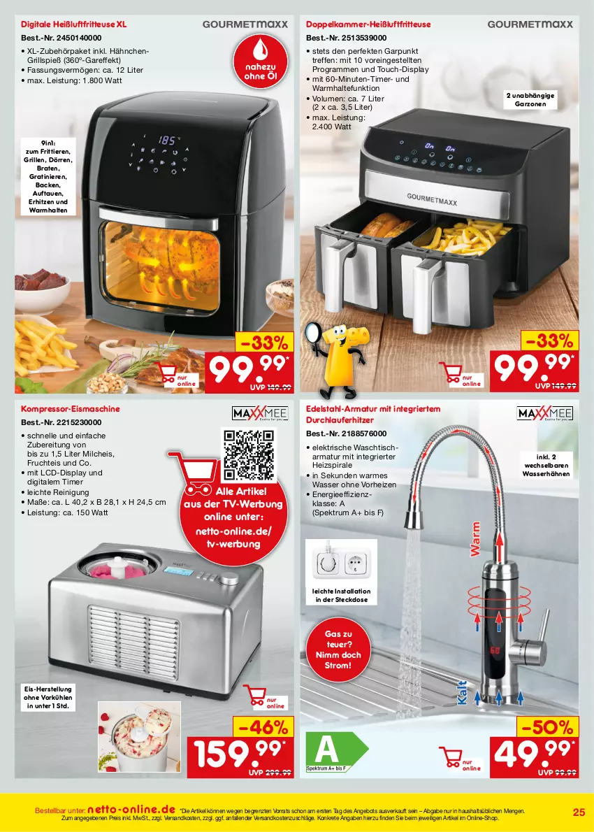 Aktueller Prospekt Netto Marken-Discount - Online-Angebote September - von 01.09 bis 30.09.2023 - strona 25 - produkty: angebot, armatur, braten, edelstahl, eis, eismaschine, elle, fritteuse, frucht, grill, Heißluftfritteuse, kompressor, milch, ndk, Reinigung, reis, rum, Spektrum, steckdose, Ti, Tiere, timer, tisch, waschtisch, waschtischarmatur, wasser, ZTE