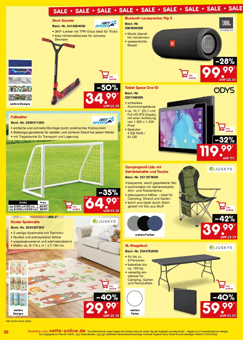 Aktueller Prospekt Netto Marken-Discount - Online-Angebote September - von 01.09 bis 30.09.2023 - strona 26 - produkty: angebot, ball, Bau, bluetooth-lautsprecher, campingstuhl, eis, elle, Fußball, Garten, getränk, getränke, getränkehalter, Kinder, klapptisch, lautsprecher, LG, ndk, reis, Ria, rückenlehne, scooter, Sport, stuhl, tablet, Tasche, Ti, tisch, tragetasche, wasser, ZTE