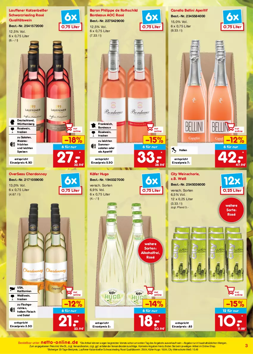 Aktueller Prospekt Netto Marken-Discount - Online-Angebote September - von 01.09 bis 30.09.2023 - strona 3 - produkty: alkohol, angebot, aperitif, bestpreis, chardonnay, eis, elle, fisch, fleisch, früchte, früchten, hugo, käfer, ndk, qualitätswein, reis, riesling, roséwein, salat, salate, schorle, schwarzriesling, Ti, wein, weinschorle, Weißwein, ZTE