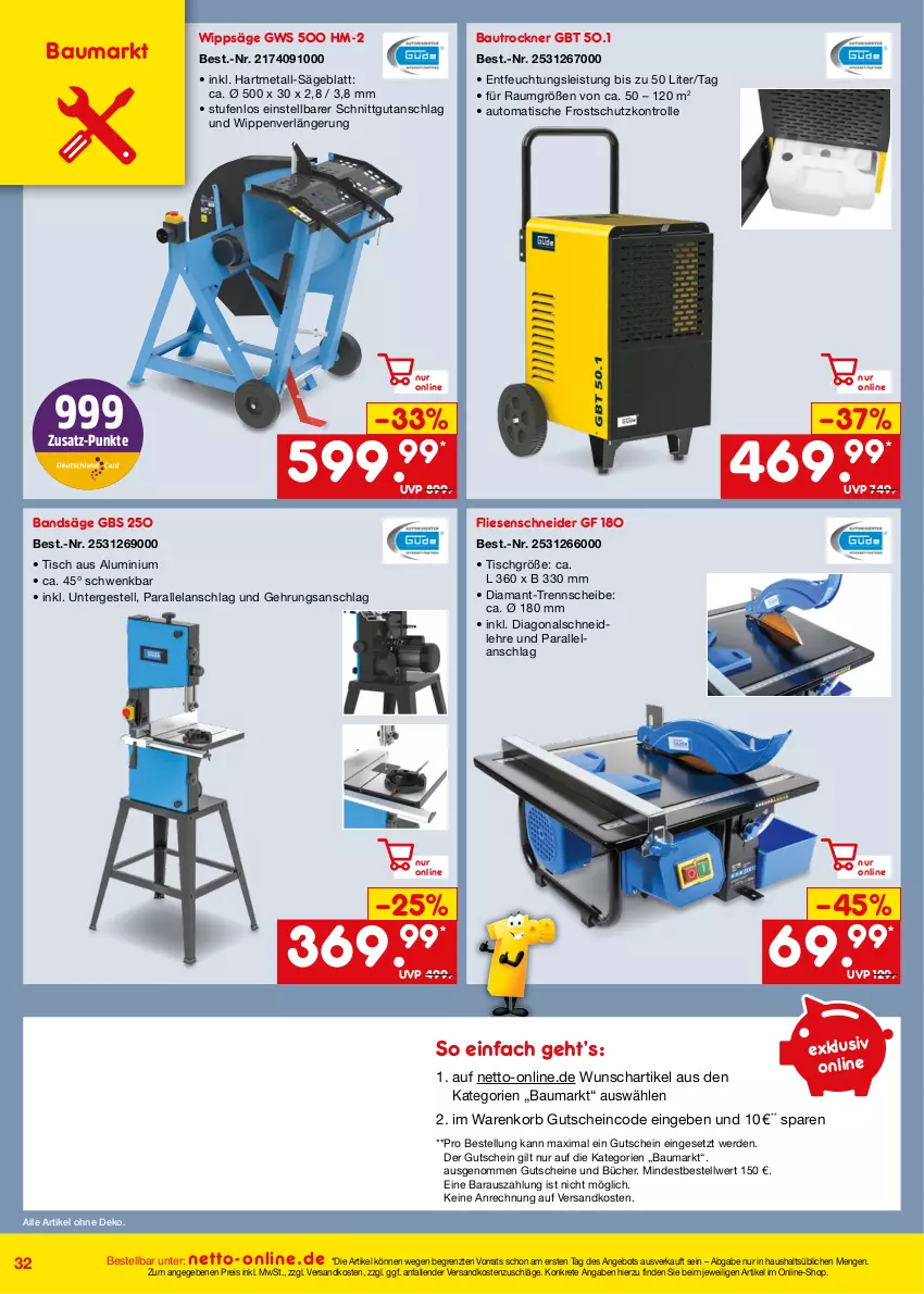 Aktueller Prospekt Netto Marken-Discount - Online-Angebote September - von 01.09 bis 30.09.2023 - strona 32 - produkty: angebot, auto, Bau, eis, Elan, erde, gutschein, gutscheine, korb, ndk, reis, säge, Ti, tisch, Trockner, ZTE