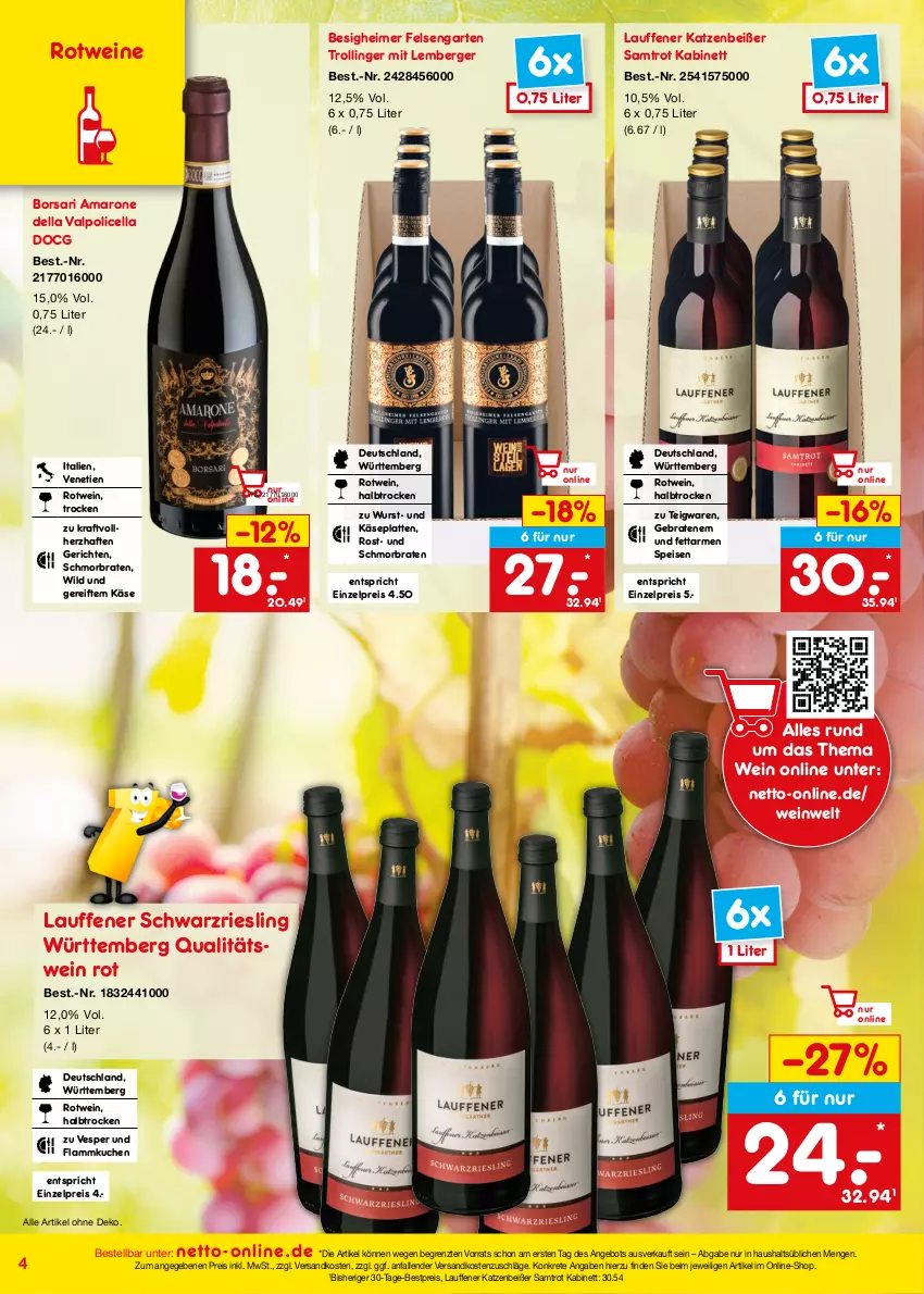 Aktueller Prospekt Netto Marken-Discount - Online-Angebote September - von 01.09 bis 30.09.2023 - strona 4 - produkty: amaro, Amarone della Valpolicella, angebot, Berger, bestpreis, braten, dell, eimer, eis, flammkuchen, Garten, kabinett, Käse, kraft, kuchen, lamm, latte, ndk, qualitätswein, reis, riesling, rotwein, schmorbraten, schwarzriesling, teigwaren, Ti, trolli, trollinger, Valpolicella, wein, weine, Wild, wurst, ZTE