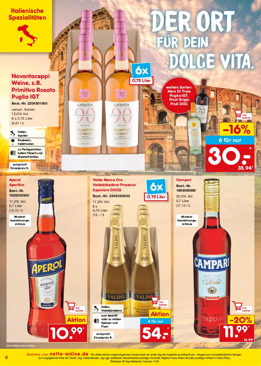 Aktueller Prospekt Netto Marken-Discount - Online-Angebote September - von 01.09 bis 30.09.2023 - strona 6 - produkty: angebot, aperitif, aperol, bestpreis, campari, ecco, eis, elle, fisch, fleisch, früchte, früchten, meeresfrüchte, ndk, nero, Pinot, pinot grigio, primitivo, prosecco, reis, rosato, roséwein, Spezi, Ti, valdo, vita, wein, weine, ZTE