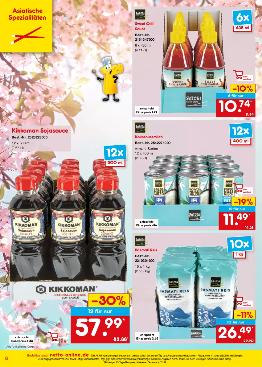 Aktueller Prospekt Netto Marken-Discount - Online-Angebote September - von 01.09 bis 30.09.2023 - strona 8 - produkty: angebot, basmati, Basmati Reis, bestpreis, chili, eis, kikkoman, kokos, kokosnuss, Kokosnussmilch, milch, ndk, nuss, reis, sauce, soja, sojasauce, Spezi, Ti, tisch, ZTE