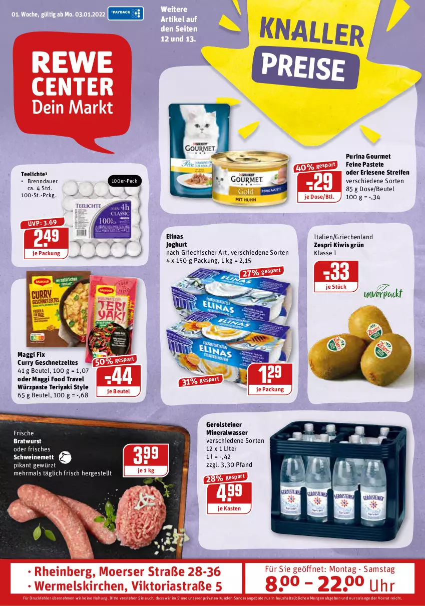 Aktueller Prospekt Rewe - Prospekte - von 03.01 bis 09.01.2022 - strona 1 - produkty: Alwa, angebot, angebote, Astra, auer, beutel, bratwurst, curry, eis, elinas, elinas joghurt, gerolsteine, gerolsteiner, geschnetzeltes, gewürz, joghur, joghurt, joghurt nach, kiwi, maggi, maggi fix, Mett, mineralwasser, pastete, purina, reifen, reis, Ria, schwein, schweine, schweinemett, steiner, tee, Teelicht, teelichte, Ti, uhr, wasser, wein, weine, wurst, Zelt, zespri