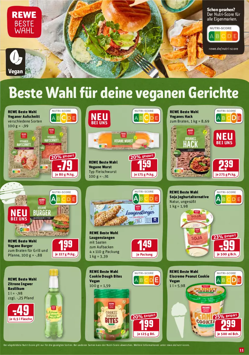 Aktueller Prospekt Rewe - Prospekte - von 03.01 bis 09.01.2022 - strona 11 - produkty: aufschnitt, basilikum, bites, braten, burger, cookie, cookie dough, creme, eis, eiscreme, flasche, fleisch, fleischwurst, für grill und pfanne, grill, grill und pfanne, ingwer, joghur, joghurt, Laugenstange, natur, pfanne, rewe beste wahl, soja, Ti, und pfanne, wurst, zitrone