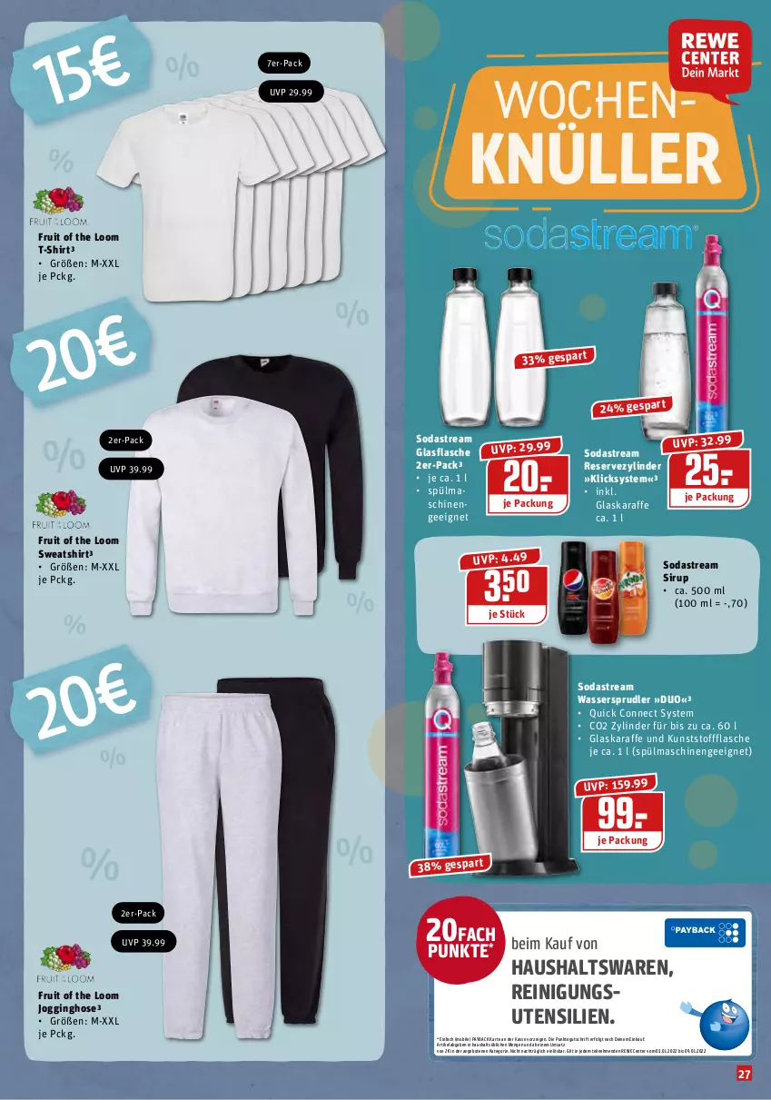 Aktueller Prospekt Rewe - Prospekte - von 03.01 bis 09.01.2022 - strona 27 - produkty: angebot, angebote, ente, flasche, gin, glasflasche, glaskaraffe, hose, Jogginghose, Karaffe, LG, payback, Reinigung, shirt, sirup, Soda, sodastream, spülmaschinen, Sweatshirt, T-Shirt, Ti, wasser, wassersprudler