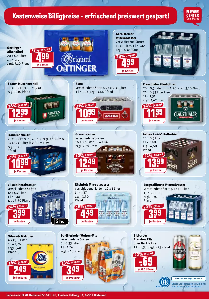 Aktueller Prospekt Rewe - Prospekte - von 03.01 bis 09.01.2022 - strona 32 - produkty: alkohol, Alwa, Astra, aust, bier, bitburger, burger, burgwallbronn, clausthaler, drucker, eis, elle, Engel, gerolsteine, gerolsteiner, grevensteiner, kellerbier, kerze, malz, mineralwasser, oettinger, pils, premium pils, reis, schöfferhofer, Spaten, steiner, Ti, vilsa, vita, vitamalz, wasser, WICK