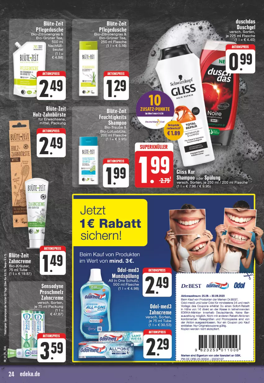 Aktueller Prospekt E Center - Angebote der Woche - von 25.09 bis 30.09.2023 - strona 24 - produkty: aktionspreis, bio, bio-zitronen, Blüte, chia, creme, duschdas, dusche, eis, flasche, gliss, gliss kur, grüner tee, kräuter, mundspülung, Odol, pflegedusche, reis, shampoo, shampoo oder spülung, spülung, tee, Tempo, Ti, usb, zahncreme, zitrone, zitronen, ZTE