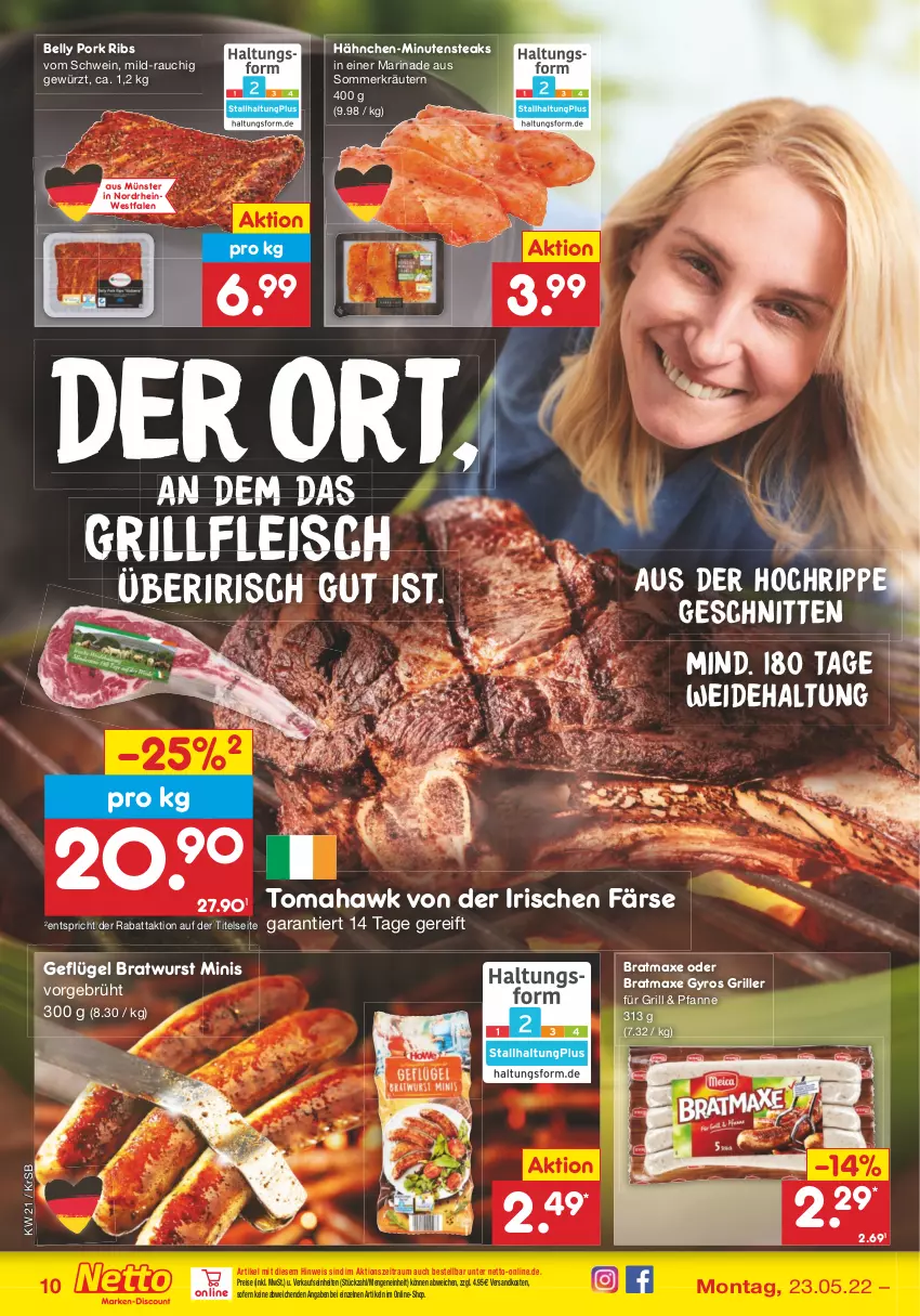 Aktueller Prospekt Netto Marken-Discount - Filial-Angebote - von 23.05 bis 28.05.2022 - strona 10 - produkty: axe, bratmaxe, bratwurst, eis, fleisch, Geflügel, gewürz, grill, gyros, kräuter, kräutern, marinade, minutensteaks, ndk, pfanne, Rauch, reis, schnitten, schwein, steak, steaks, Ti, wein, wurst