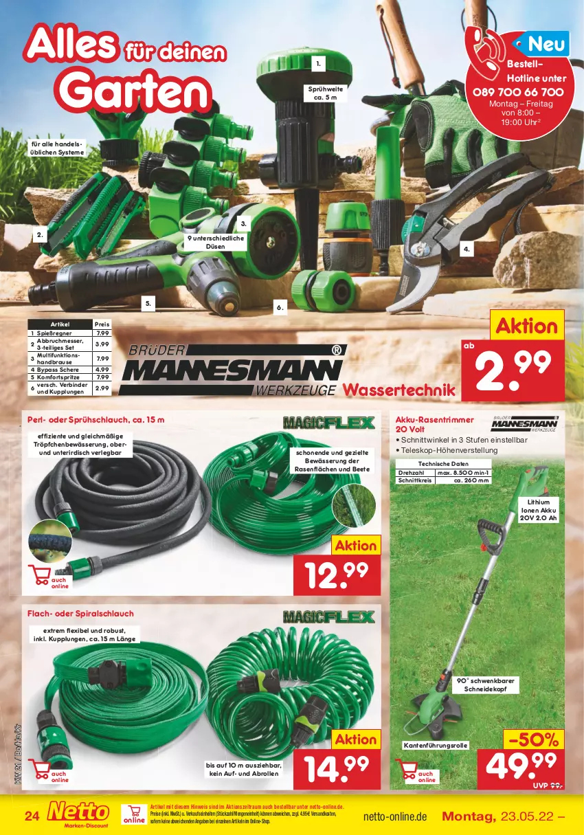 Aktueller Prospekt Netto Marken-Discount - Filial-Angebote - von 23.05 bis 28.05.2022 - strona 24 - produkty: akku, brause, eis, ente, Garten, handbrause, messer, ndk, rasen, rasentrimmer, reis, Schere, schlauch, senf, Teleskop, Ti, uhr, wasser