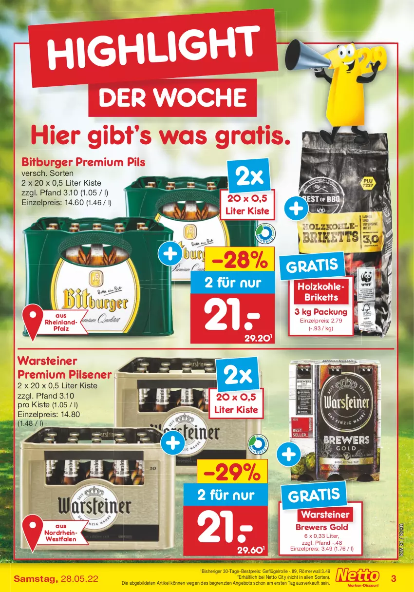 Aktueller Prospekt Netto Marken-Discount - Filial-Angebote - von 23.05 bis 28.05.2022 - strona 3 - produkty: angebot, bestpreis, bitburger, briketts, burger, eis, Geflügel, Holz, holzkohle, pils, pilsener, premium pils, reis, steiner, Ti, warsteiner, ZTE