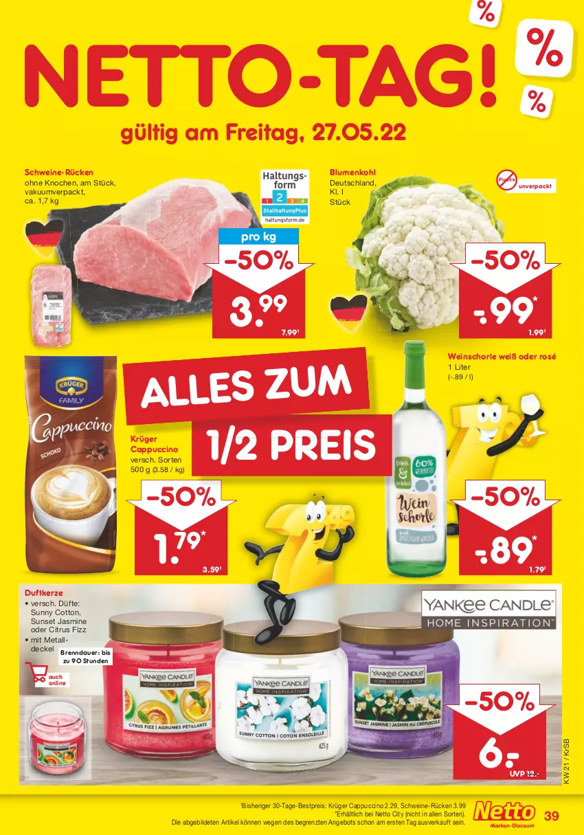 Aktueller Prospekt Netto Marken-Discount - Filial-Angebote - von 23.05 bis 28.05.2022 - strona 39 - produkty: angebot, asti, auer, bestpreis, blume, blumen, blumenkohl, Cap, cappuccino, cin, citrus, decke, Deckel, Duftkerze, eis, kerze, krüger, reis, schorle, schwein, schweine, Ti, wein, weine, weinschorle, ZTE