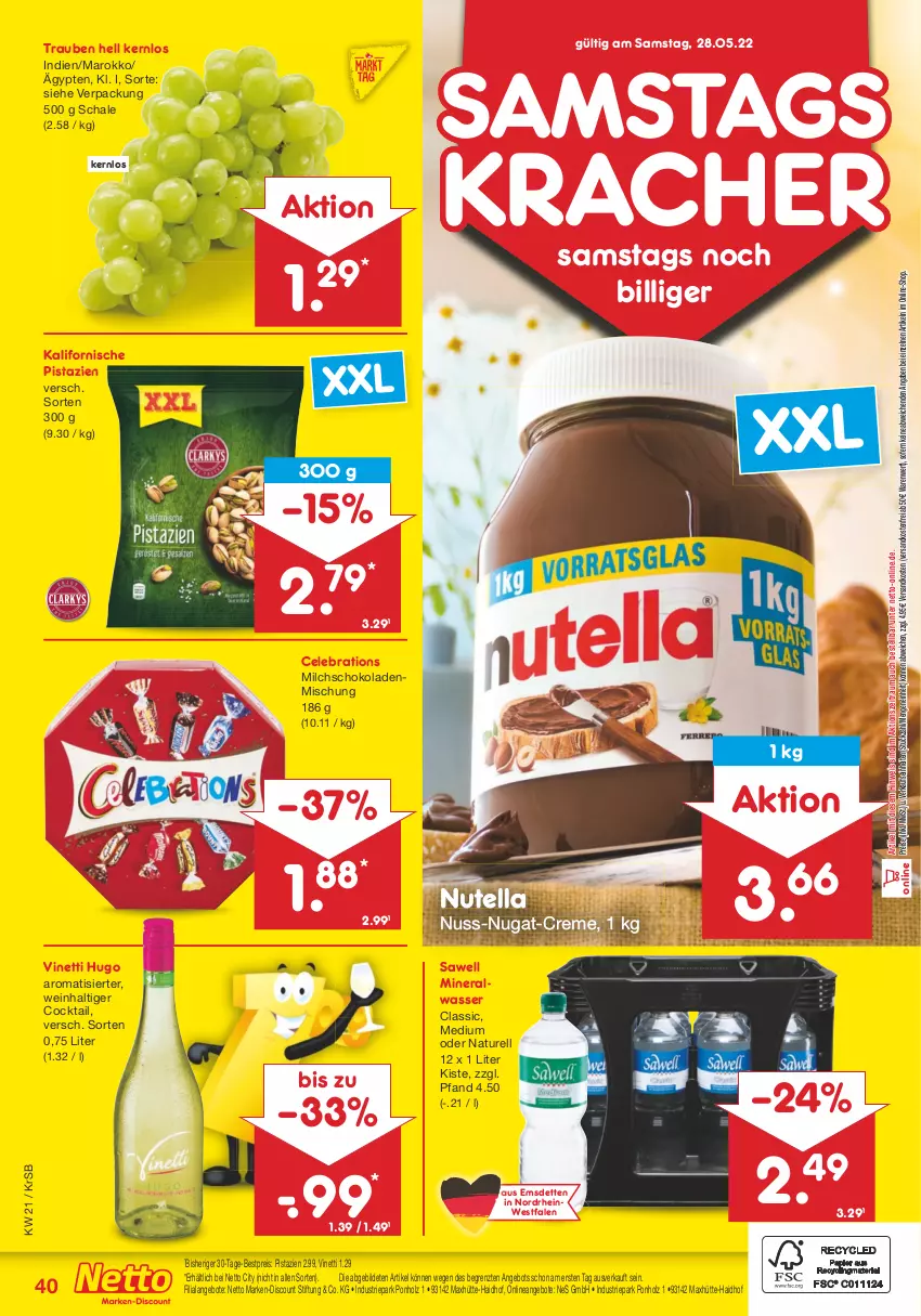 Aktueller Prospekt Netto Marken-Discount - Filial-Angebote - von 23.05 bis 28.05.2022 - strona 40 - produkty: Alwa, angebot, angebote, bestpreis, cocktail, creme, discount, eis, Holz, hugo, kracher, marken-discount, milch, mineralwasser, natur, ndk, nuss, nuss-nugat-creme, nutella, pistazien, reis, rel, Schal, Schale, schoko, schokolade, schokoladen, Ti, trauben, versandkostenfrei, wasser, wein, ZTE