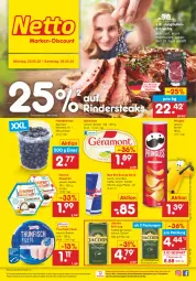 Gazetka promocyjna Netto Marken-Discount - Filial-Angebote - Gazetka - ważna od 28.05 do 28.05.2022 - strona 1 - produkty: angebot, beere, beeren, bestpreis, drink, eimer, eis, energy drink, entrecôte, ferrero, Ferrero Küsschen, filet, filets, fisch, géramont, heidelbeere, heidelbeeren, jacobs, jacobs krönung, jungbullen, kaffee, ndk, pringles, red bull, reis, rind, rinder, Rindersteak, ring, steak, steaks, thunfisch, thunfisch filets, Ti, ZTE