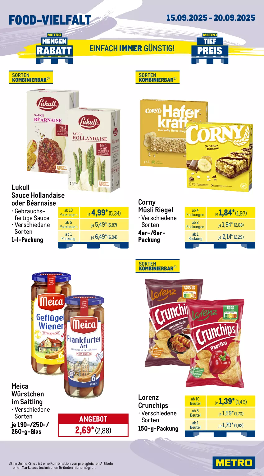 Aktueller Prospekt Metro - Wochen-Angebote - von 15.09 bis 20.09.2025 - strona 11 - produkty: angebot, antipasti, asti, auer, aufschnitt, Bau, Bauer, beutel, bratwurst, chips, corny, crunchips, eis, feinkost, Heu, hollandaise, lorenz, lorenz crunchips, lukull, meica, müsli, Rauch, reis, riegel, sauce, sauce hollandaise, schnitten, Ti, wiesbauer, wurst, würstchen