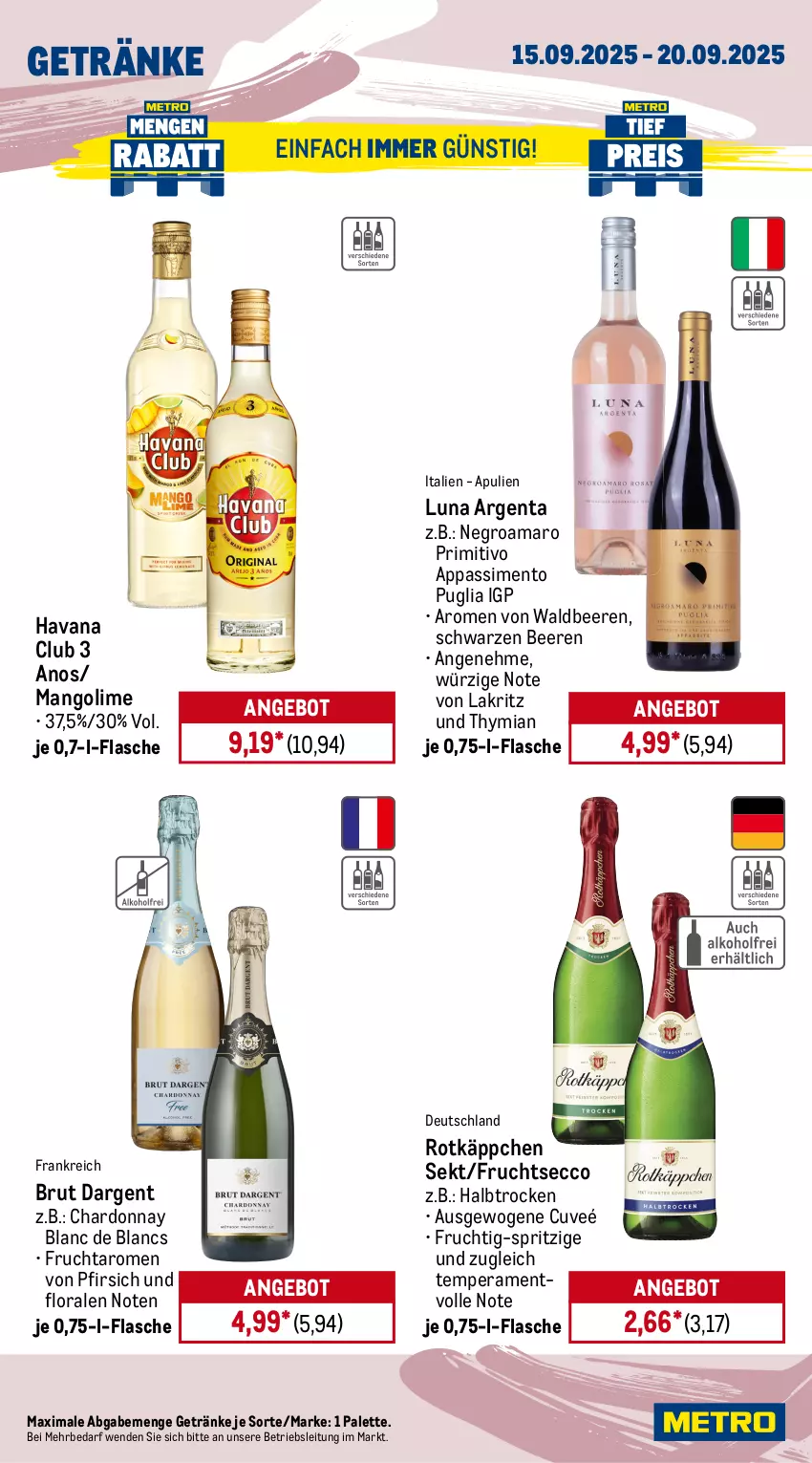 Aktueller Prospekt Metro - Wochen-Angebote - von 15.09 bis 20.09.2025 - strona 16 - produkty: akku, amaro, angebot, auto, beere, beeren, brut, brut dargent, chardonnay, de blancs, Dyson, ecco, eis, elle, Finish, flasche, frucht, fruchtsecco, geschirr, geschirrspülmittel, getränk, getränke, Havana Club, kraft, Lakritz, mango, Metro, Palette, pfirsich, primitivo, Reinigung, reis, rotkäppchen, sekt, sim, sonderposten, spülmittel, staubsauger, teller, Ti, tisch, waschmittel