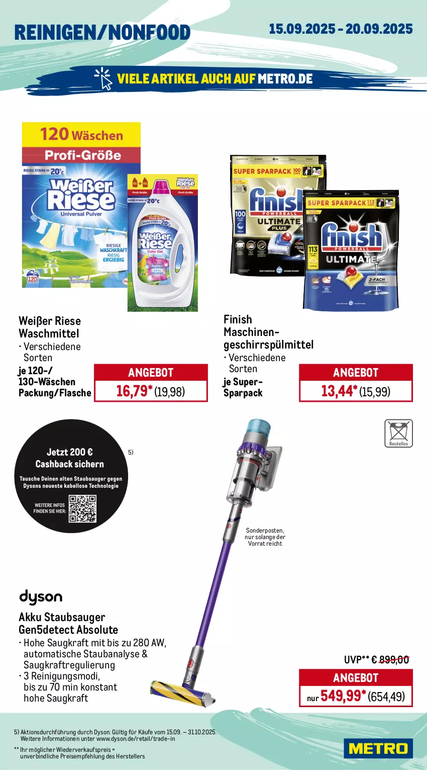 Aktueller Prospekt Metro - Wochen-Angebote - von 15.09 bis 20.09.2025 - strona 17 - produkty: akku, amaro, angebot, auto, beere, beeren, brut, brut dargent, chardonnay, de blancs, Dyson, ecco, eis, elle, Finish, flasche, frucht, fruchtsecco, geschirr, geschirrspülmittel, getränk, getränke, Havana Club, kraft, Lakritz, mango, Metro, Palette, pfirsich, primitivo, Reinigung, reis, rotkäppchen, sekt, sim, sonderposten, spülmittel, staubsauger, teller, Ti, tisch, waschmittel