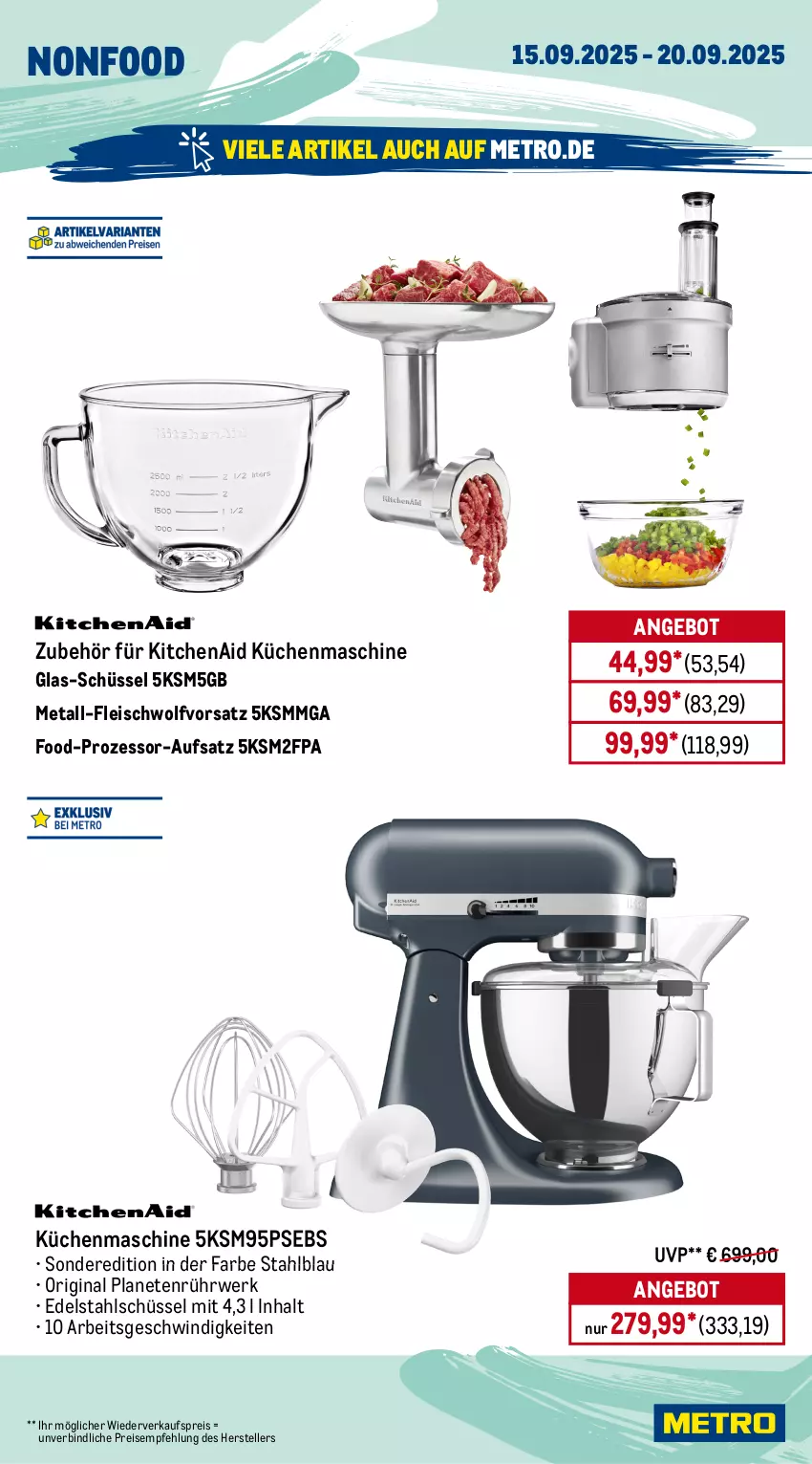 Aktueller Prospekt Metro - Wochen-Angebote - von 15.09 bis 20.09.2025 - strona 20 - produkty: angebot, auto, edelstahl, eis, Elektro, elle, fleisch, getränk, getränke, gin, kaffee, kaffeevollautomat, KitchenAid, küche, Küchen, küchenmaschine, latte, LG, Metro, milch, reis, rwe, schüssel, Spezi, teller, Ti