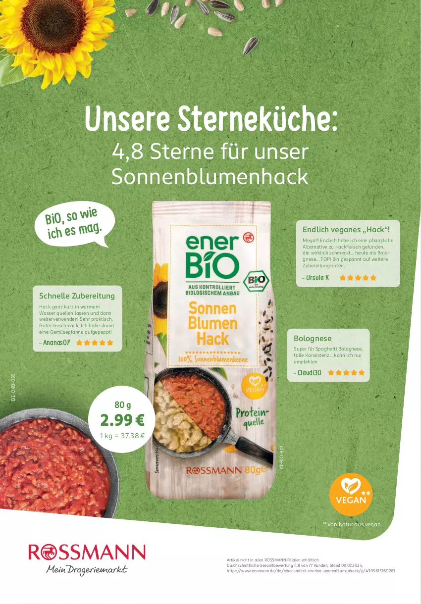 Aktueller Prospekt Rossmann - Prospekte - von 01.09 bis 30.09.2024 - strona 73 - produkty: ananas, bio, blume, blumen, bolognese, eis, elle, fleisch, gefu, hackfleisch, Heu, küche, lebensmittel, mac, natur, pfanne, rwe, sonnenblume, sonnenblumen, spaghetti, spaghetti bolognese, Ti, tisch, wasser