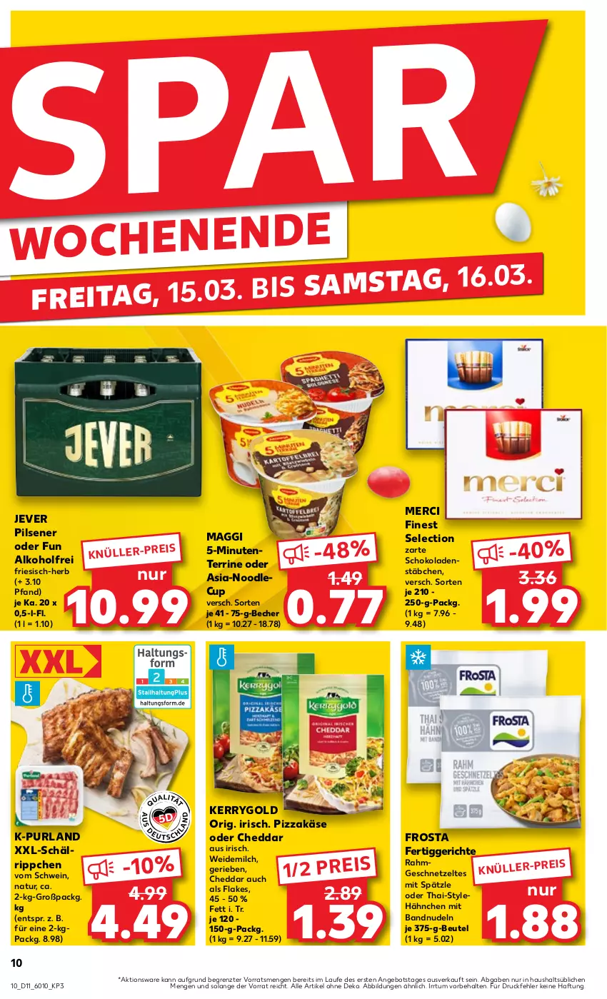 Aktueller Prospekt Kaufland - Prospekt - von 14.03 bis 20.03.2024 - strona 10 - produkty: alkohol, angebot, Becher, beutel, cheddar, eis, ente, fertiggericht, fertiggerichte, flakes, frosta, geschnetzeltes, jever, jever pilsener, Käse, kerrygold, maggi, merci, milch, natur, nudel, nudeln, pils, pilsener, pizza, purland, reis, schoko, schokolade, schokoladen, schwein, terrine, Ti, weidemilch, wein, Zelt, ZTE