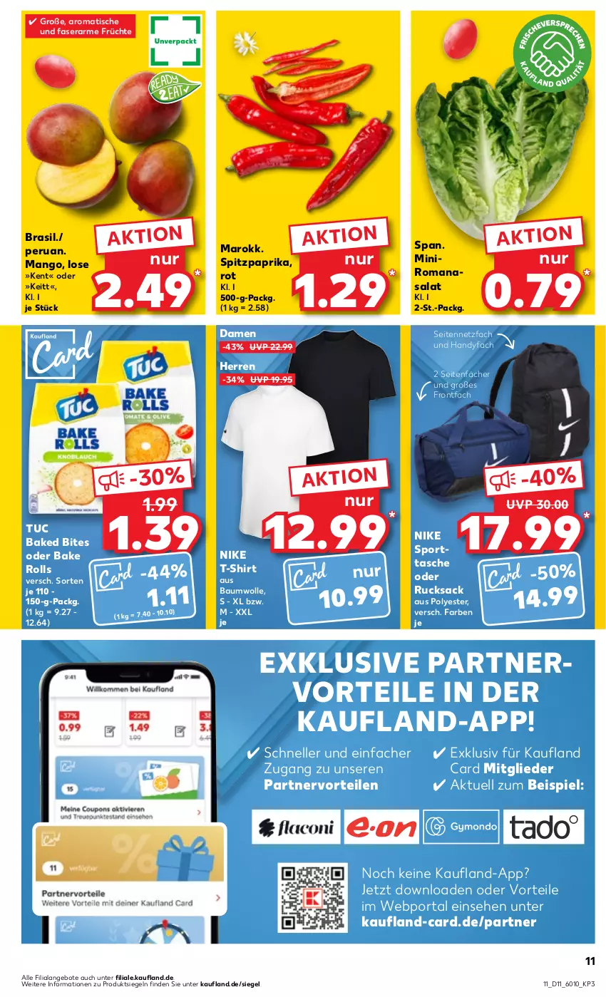 Aktueller Prospekt Kaufland - Prospekt - von 14.03 bis 20.03.2024 - strona 11 - produkty: angebot, angebote, Bau, baumwolle, bites, eis, elle, früchte, Handy, mango, Nike, paprika, Romanasalat, rucksack, sac, salat, shirt, Spitzpaprika, Sport, sporttasche, T-Shirt, Tasche, Ti, tisch, tuc, wolle