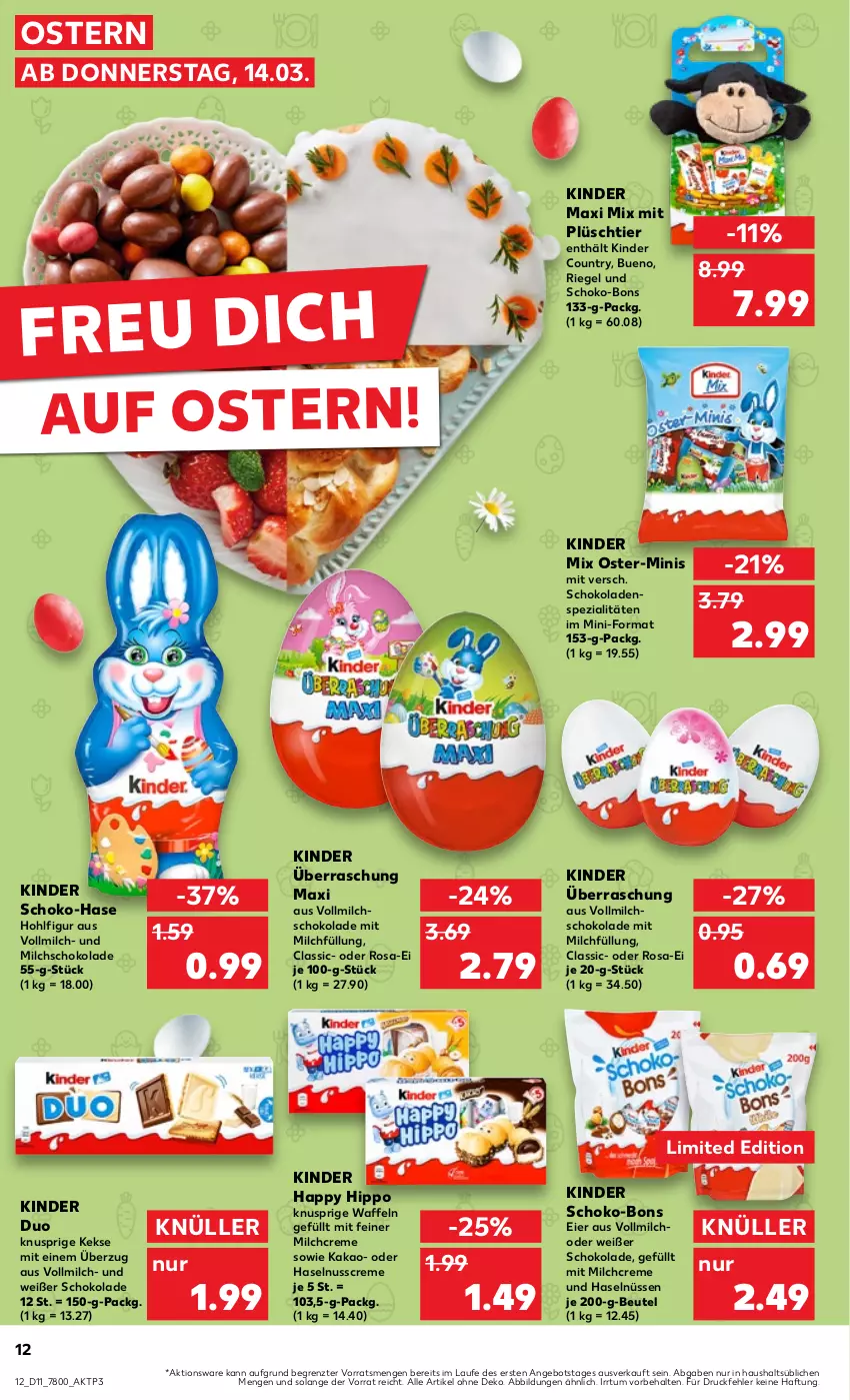 Aktueller Prospekt Kaufland - Prospekt - von 14.03 bis 20.03.2024 - strona 12 - produkty: angebot, beutel, creme, eier, haselnuss, Haselnusscreme, hipp, kakao, keks, kekse, Kinder, kinder country, Kinder Maxi, milch, nuss, Plüsch, riegel, schoko, schoko-bons, schokolade, schokoladen, Spezi, Ti, vollmilch, waffeln, ZTE