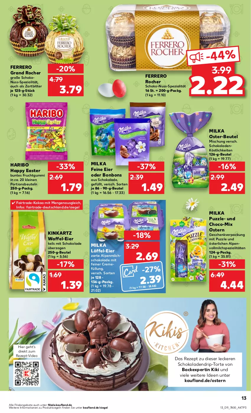 Aktueller Prospekt Kaufland - Prospekt - von 14.03 bis 20.03.2024 - strona 13 - produkty: alpenmilch, angebot, angebote, beutel, bonbons, creme, deo, eier, ferrero, Ferrero Rocher, frucht, fruchtgummi, haribo, kakao, leine, Löffel, milch, milka, nuss, portionsbeutel, Puzzle, rezept, schoko, schokolade, schokoladen, Spezi, Ti, torte, vollmilch