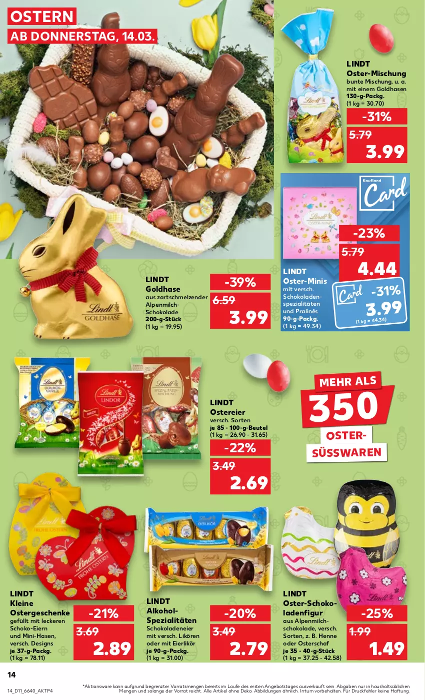 Aktueller Prospekt Kaufland - Prospekt - von 14.03 bis 20.03.2024 - strona 14 - produkty: alkohol, alpenmilch, angebot, beutel, eier, eierlikör, leine, likör, lindt, milch, schoko, schokolade, schokoladen, Spezi, süsswaren, Ti, ZTE