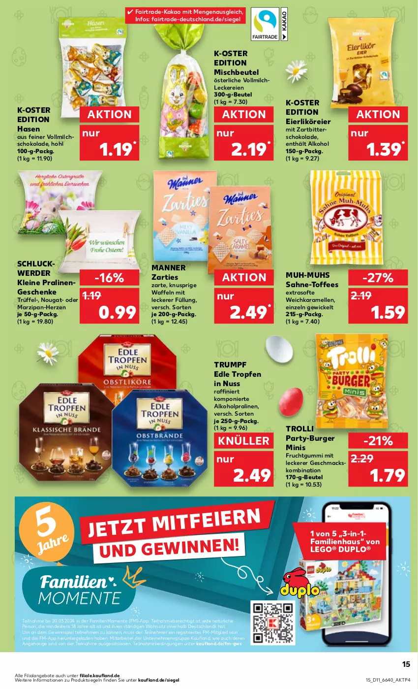 Aktueller Prospekt Kaufland - Prospekt - von 14.03 bis 20.03.2024 - strona 15 - produkty: alkohol, angebot, angebote, beutel, burger, duplo, eier, eierlikör, elle, ente, erde, frucht, fruchtgummi, gewinnspiel, kakao, karamell, LEGO®, leine, likör, mac, Manner, marzipan, milch, nuss, pralinen, rum, sahne, schoko, schokolade, Ti, trolli, Trüffel, vollmilch, waffeln, WICK, Zartbitterschokolade