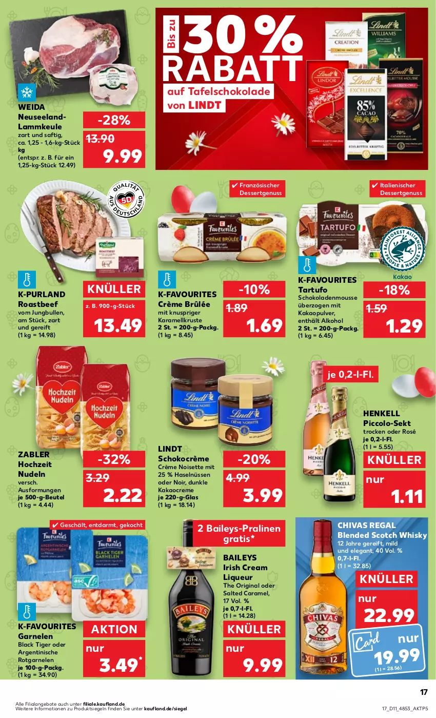 Aktueller Prospekt Kaufland - Prospekt - von 14.03 bis 20.03.2024 - strona 17 - produkty: alkohol, angebot, angebote, baileys, beef, beutel, blended scotch, blended scotch whisky, caramel, creme, Crème Brûlée, dessert, Elan, garnelen, gin, henkel, henkell, Hochzeit Nudeln, irish cream, jungbullen, kakao, karamell, lack, lamm, lammkeule, lindt, liqueur, mousse, nudel, nudeln, nuss, pralinen, purland, regal, roastbeef, saft, schoko, schokolade, schokoladen, scotch, scotch whisky, sekt, tafelschokolade, Tartufo, Ti, whisky, Zabler