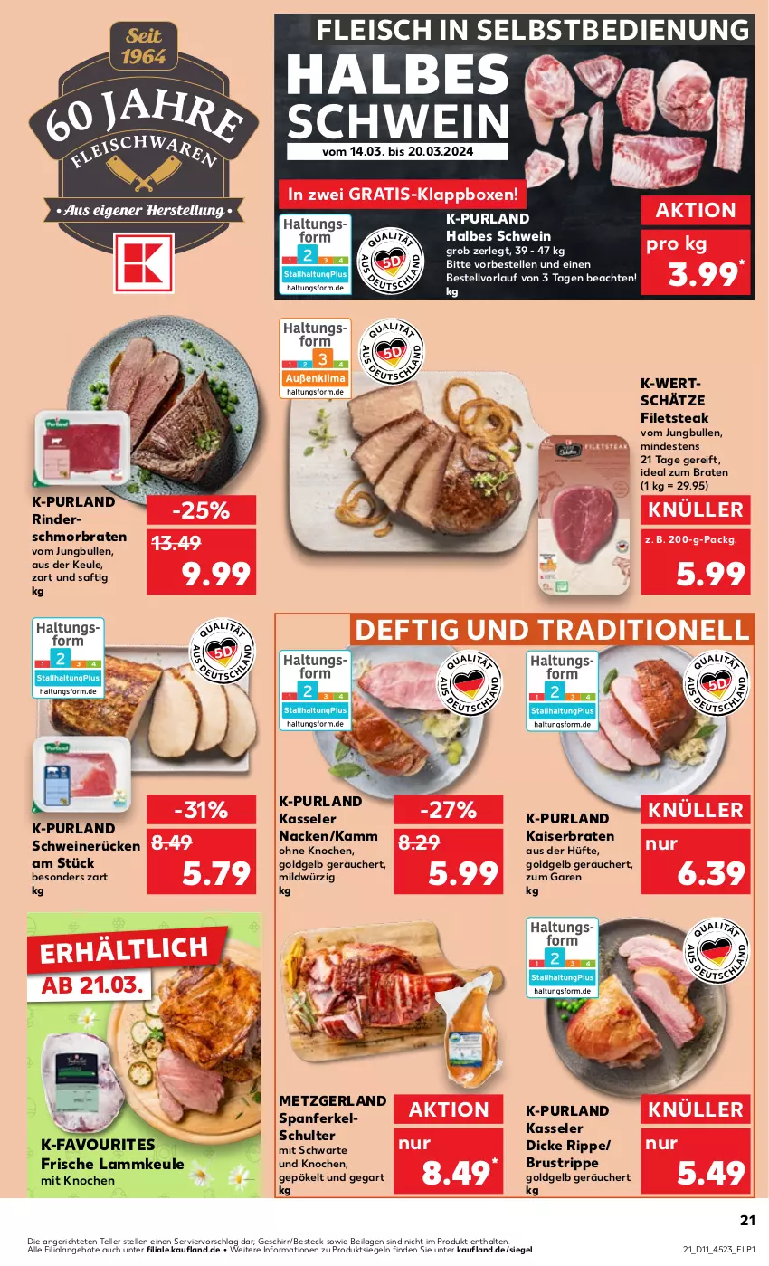 Aktueller Prospekt Kaufland - Prospekt - von 14.03 bis 20.03.2024 - strona 21 - produkty: angebot, angebote, besteck, braten, eis, elle, filet, filets, fleisch, fleisch in selbstbedienung, geschirr, ideal zum braten, ilag, jungbullen, Kaiser, kasseler, Klappbox, lamm, lammkeule, purland, rind, rinder, saft, schmorbraten, schwein, schweine, schweinerücken, steak, teller, Ti, wein, weine